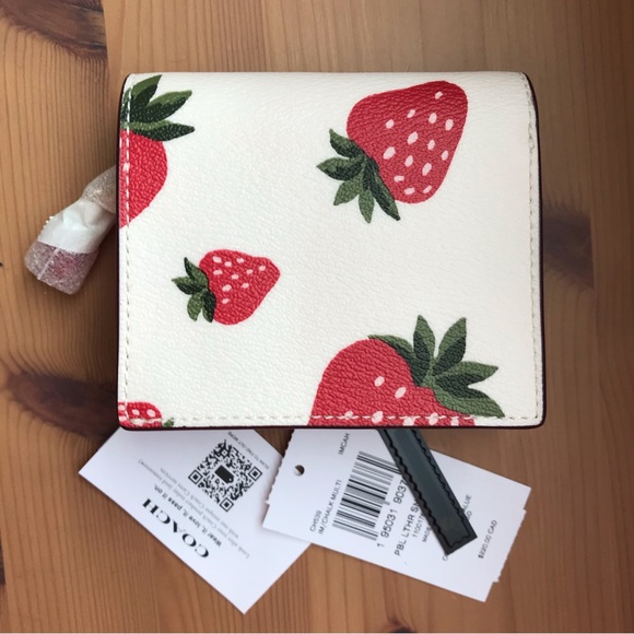 🍓 Coach Snap Wallet With Wild Strawberry Print Gold/Chalk Multi - Picture 10 of 13